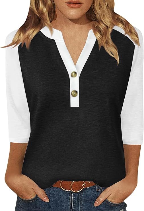 Womens Tops 3/4 Sleeve Button Down Raglan Shirts
