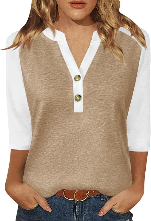 Womens Tops 3/4 Sleeve Button Down Raglan Shirts